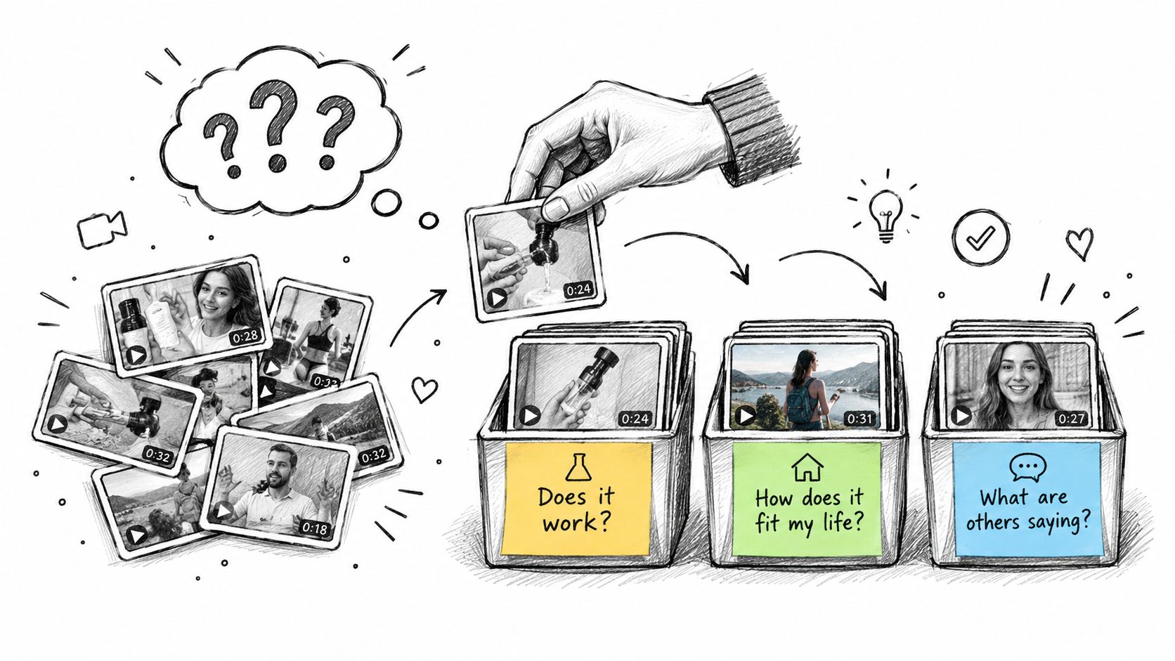 A hand sorting various UGC video ads into categorized boxes labeled by consumer questions about product utility and lifestyle.
